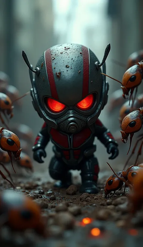 Ant-Man:Imagine o Ant-Man como um ser diminuto e aterrorizante,  capable of multiplying in clusters of cannibal ants .  His mask reveals glowing and malevolent eyes , as he infiltrates houses ,  bringing chaos and fear with his voracious hordes .