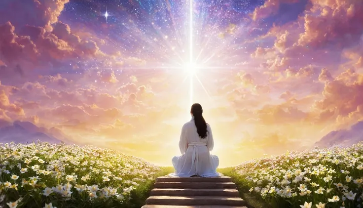  At the center of the image, show a person kneeling or standing in prayer, with a peaceful and contemplative expression. Surround them with a soft, ethereal glow, symbolizing divine presence and guidance. 

Above the person, depict a path made of light or ...