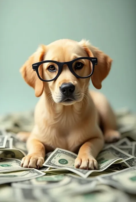 Dog with glasses lying on top of banknotes