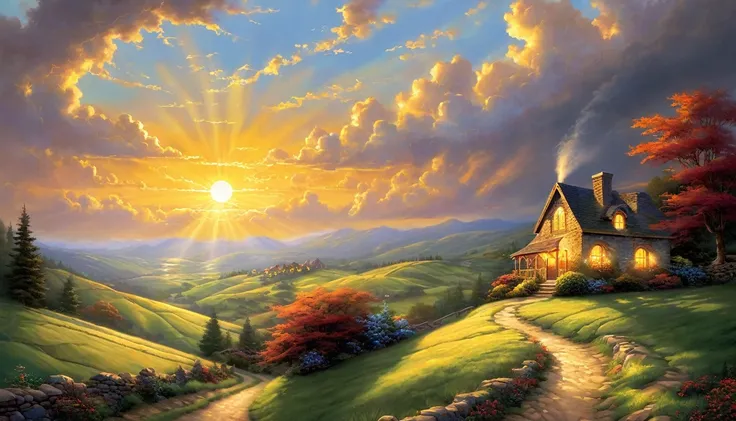 **A dramatic, golden sunset over rolling hills, painted in the style of Thomas Kinkade. The sky is filled with dark storm clouds, and the sun casts an intense glow on the landscape below. A narrow path leads into the distance, leading to hope or adventure....