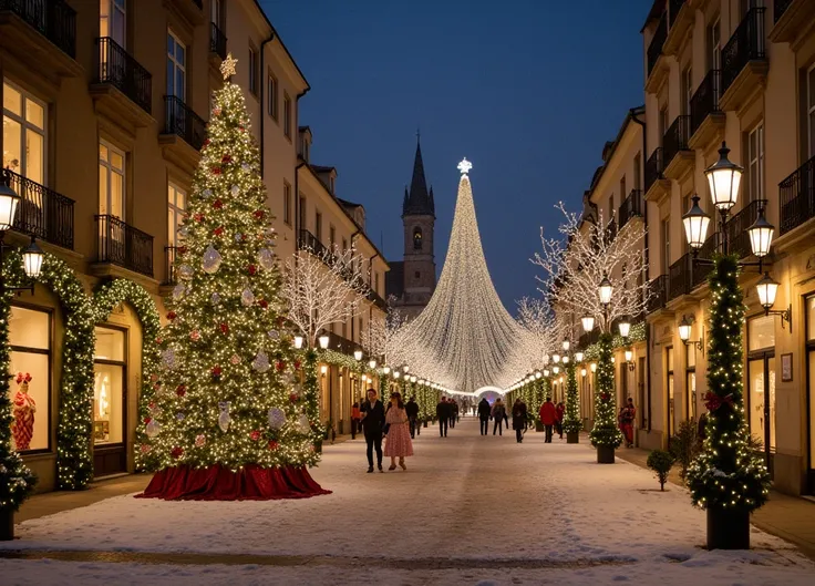 An elegant city in full Christmas celebration, where the historic architecture is embellished with sparkling white lights that draw out its shapes. Tall, sophisticated Christmas trees, decorated with crystal ornaments and touches of gold, adorn refined squ...