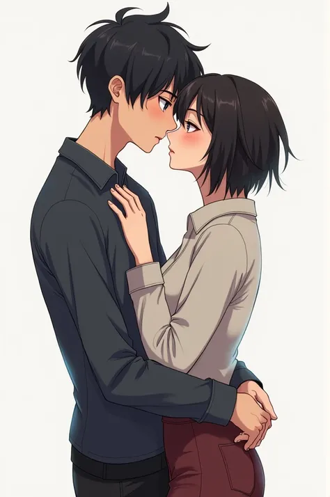 Straight couple design 
The boy is thin and has dark hair and blue eyes 
A has short hair like a man, He looks like a boy , THERE ARE NO BREASTS, And she wears mens clothing ,  her eyes are dark 
Theyre kissing and hugging each other 