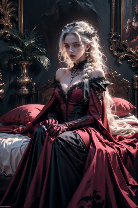 (beautiful vampire woman, pale skin, very long white hair, (red eyes), black gown, black victorian dress, piercing look, red lip...