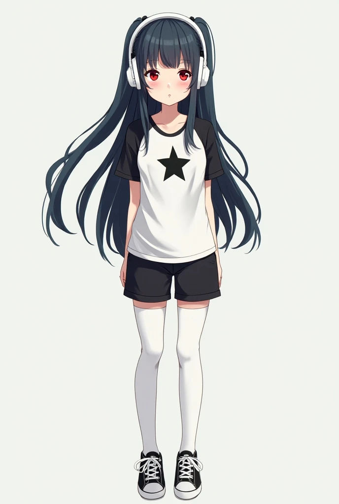 
Anime 
 My character is a woman she has long straight black hair 
With white headphones he is wearing a white shirt with short black sleeves and a black star in the middle he has black shorts with white tights and black sneakers he has red cheeks
