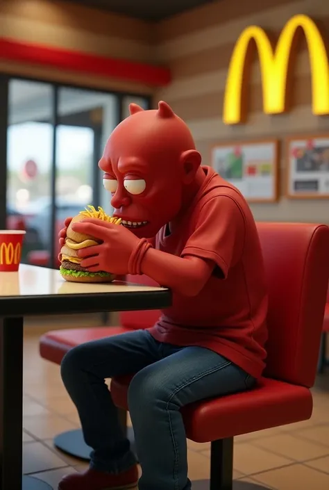 Create an image of a red movie eating a hamburger at McDonalds in street clothes that is very, very realistic 