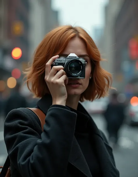 Beautiful petite young woman, 28 year old, Short ginger hair,Soft hair, Cold, (Investigative journalist:1,5), new york city, press photography, 35mm, Kodak gold 200, Depth of field, importance