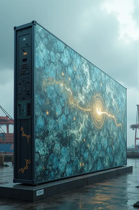  Create me an image of a 65-inch television box with frigil poctograms, Recycled,  sensitive to humidity .
 Also with the information of the port of departure  :Guangzhou port .
 Port of arrival : Puerto Cristóbal . 