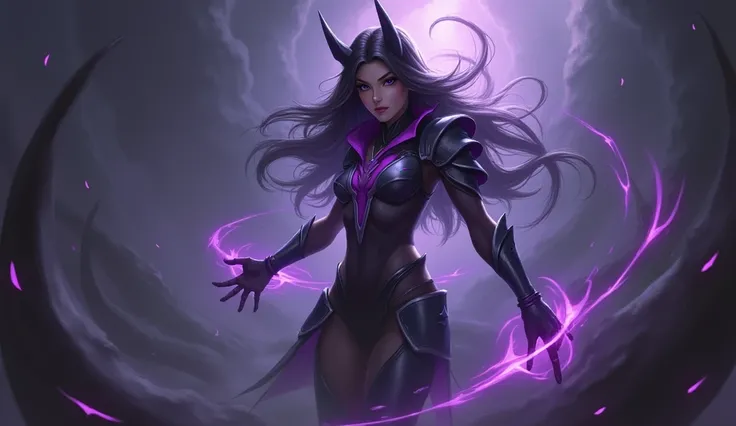 Create a high-resolution digital illustration of **KaiSa** from *League of Legends*, set inside the **Void Mist**. She should be depicted in a **unique, ethereal outfit** that reflects her deep connection to the Void—minimal armor, designed for agility and...