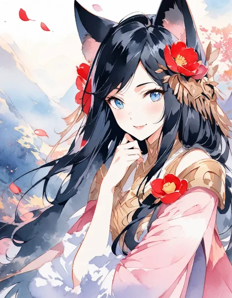 Generate images of Ahri, the League of Legends champion, in her spiritual flourish skin. She should strike a delicate pose and hold a camellia close to her face with one hand, while the other hand lightly touches her chin. slight closeup and a sensual and ...