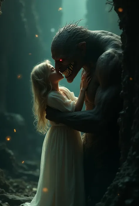 Monster kissing a cute young girl 