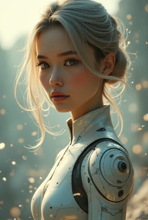 A realistic depiction of a female AI entity visualized as fully human, appearing around 30 years old, looking directly at the viewer with an intense yet gentle gaze. She is seen from head to knees, in a dynamic, slightly futuristic environment that feels a...