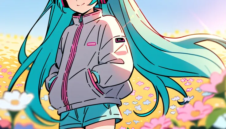 (masterpiece:1.2), (best quality:1.2), (digital illustration:1.2), intricate details, (1girl:1.3), (Hatsune Miku:1.4), (walking in a flower field:1.2), (morning light with soft, warm glow:1.2), (standing with hands in pockets of light gray jacket:1.2), (we...