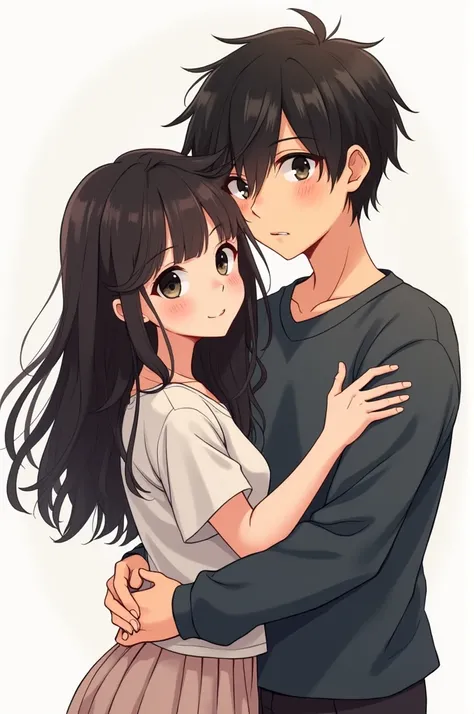 Draw a straight couple hugging but the girl dresses in mens clothing. They both have dark hair and dark eyes .