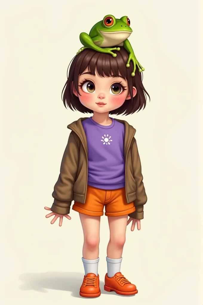 A girl with short hair and brown hair and purple clothes and orange shorts and orange shoes and a frog on her head and a brown jumpsuit 