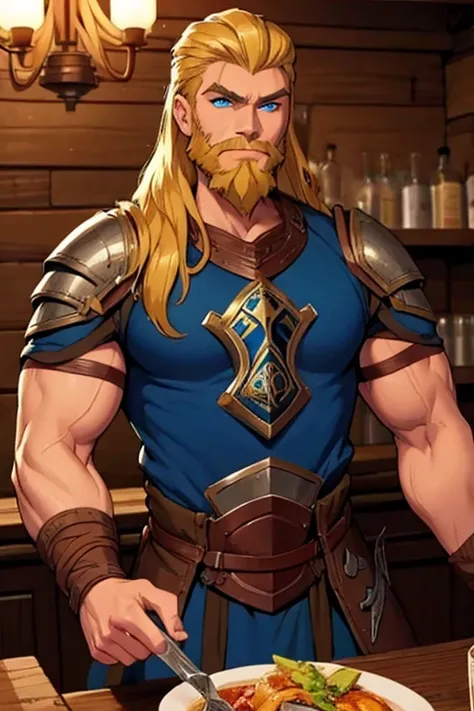 Perfect face. Perfect hands. A muscular blonde haired man with blue eyes with long hair and a dark beard in cool Viking armor is smiling in a tavern