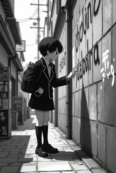 In the anime, a Japanese student in a black and white school uniform on the streets of Japan write dabo on wall