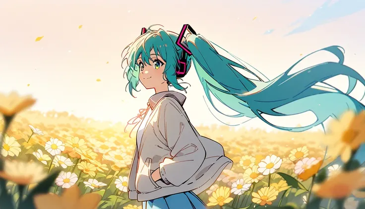 (masterpiece:1.2), (best quality:1.2), (digital illustration:1.2), intricate details, (1girl:1.3), (Hatsune Miku:1.4), (walking in a flower field:1.2), (morning light with soft, warm glow:1.2), (standing with hands in pockets of light gray jacket:1.2), (we...