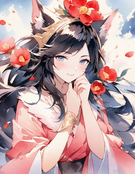 Generate images of Ahri, the League of Legends champion, in her spiritual flourish skin. She should strike a delicate pose and hold a camellia close to her face with one hand, while the other hand lightly touches her chin. slight closeup and a sensual and ...