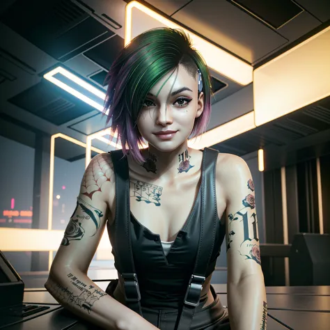 (masterpiece:1.2),(best quality:1.2),(high resolution:1.2)
 cyberjudy, 1girl, solo, asymmetrical hair, green hair, pink hair, br...