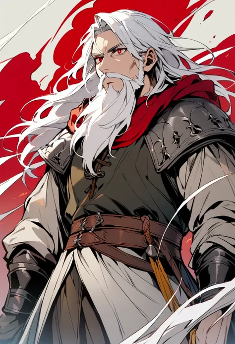 Adult man around 35. Long white hair. Short White beard. Red colored eyes. Dressed like a medieval hunter