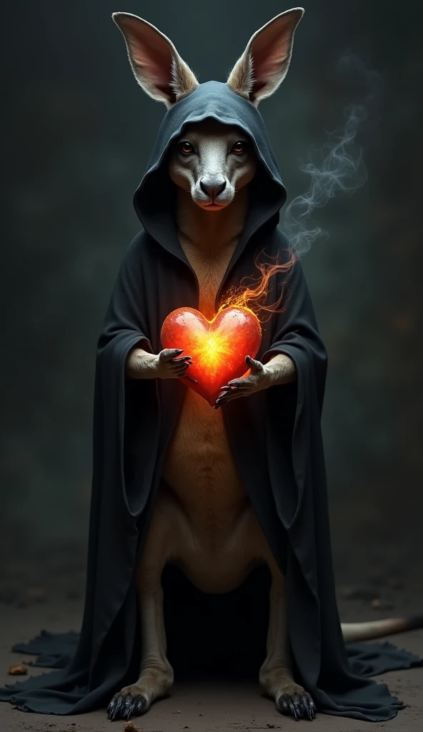 A standing kangaroo dressed in a black hood, holding a fiery heart in his hand . And that it has a black background 