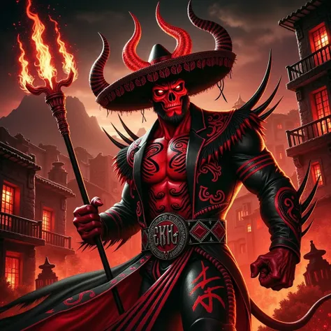 A dark villain inspired by El Diablo, the mascot of the Toluca Sports Club, set in a disturbing Mexican-inspired setting. The character embodies a menacing demon with fiery red skin, sharp black horns, and a muscular, intimidating physique. Dress up tradit...