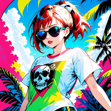 T-shirt illustration,(((The strongest pirate girl in history)))、((incredibly absurd))、(((Stylish sunglasses))), skull fashion、pirate bandana,neon、short hair、passionate lips、white skin、small breasts、Tropical color palette, fabric texture, thick line drawing...