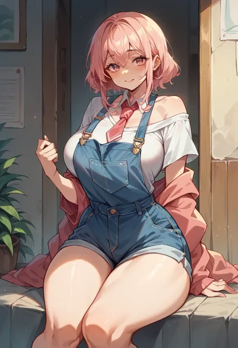  engineer woman wearing work clothes , tie pink gold hair at the back、Cute Japan gal face、 short denim overalls , vintage、Shorts style ,Short T-shirt、 off-shoulder , big full breasts、Carnal thighs、Big hips,Tall、