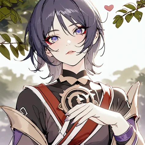 A detailed, high-quality, and realistic scaramouche Genshin Impact character full-body portrait of a character sitting under a tree on a grassy ground, 1boy, beautiful detailed eyes, beautiful detailed lips, extremely detailed face and body, long eyelashes...