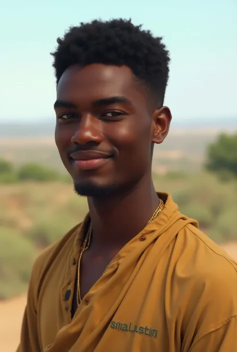 A fair-skinned man with black hair from West Africa Very handsome with a small smile looking like a normal person with a landscape background wearing a qamis