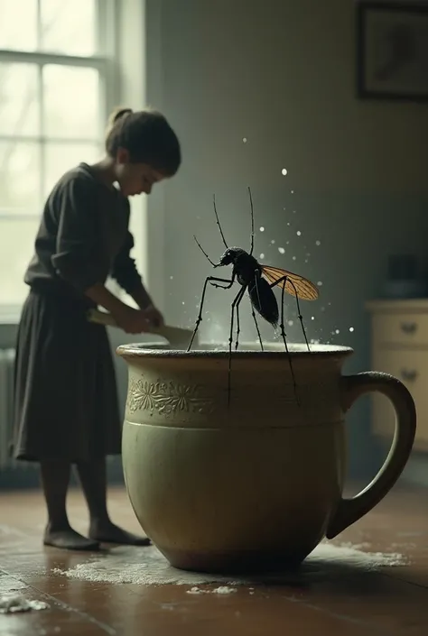 A person washing and brushing a very large mug from which a black mosquito comes out with white freckles on its legs