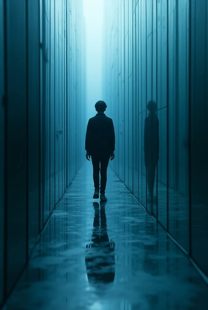 photorealistic image  (intensity: 1.2)  of a person lost in a mirror maze,  using a color palette in shades of navy blue and white .  The image should symbolize the idea of an endless cycle and procrastination.