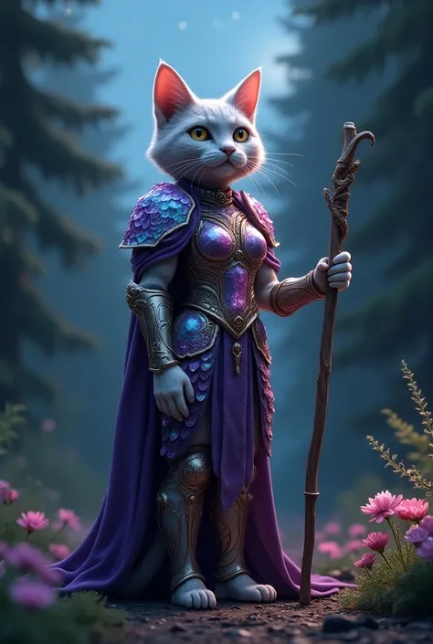 Adult lilac gray british shorthair humanoid female cat wearing growing multicolours crystal scale half plate armor , crystals scale skirt armor, crystals leg armor and purple gypsy hoodie long cloak holding blooming flowers wooden staff standing in pine fo...