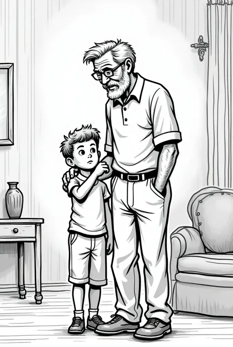 image of a boy with his grandfather in the 1950s in black and white comic format