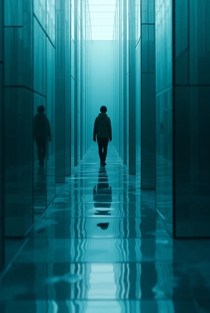 photorealistic image  (intensity: 1.2)  of a person lost in a mirror maze,  using a color palette in shades of navy blue and white .  The image should symbolize the idea of an endless cycle and procrastination.