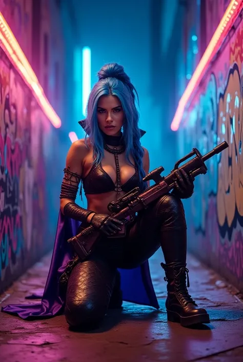 (masterpiece, best quality:1.2), 1girl, solo, Jinx, wearing a Jinx Arcane Costume, blue hair with l extra long braid detailed. Neon graffiti Background. Kneeling position with gun.