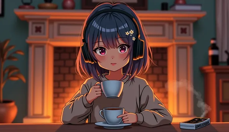  Young E-Girl with Dyed Hair ,  Listening to Quiet Music with Headphones , Enjoying music, With a sexy smile,  holding a coffee cup, Wearing All Stars .  Calming Images , tranquility, Lightweight, Simplicity, Comfort, 16:9, Full HD, Full body images, Again...