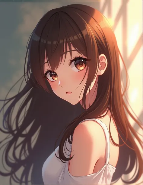 Create an anime girl with long brown brown hair 