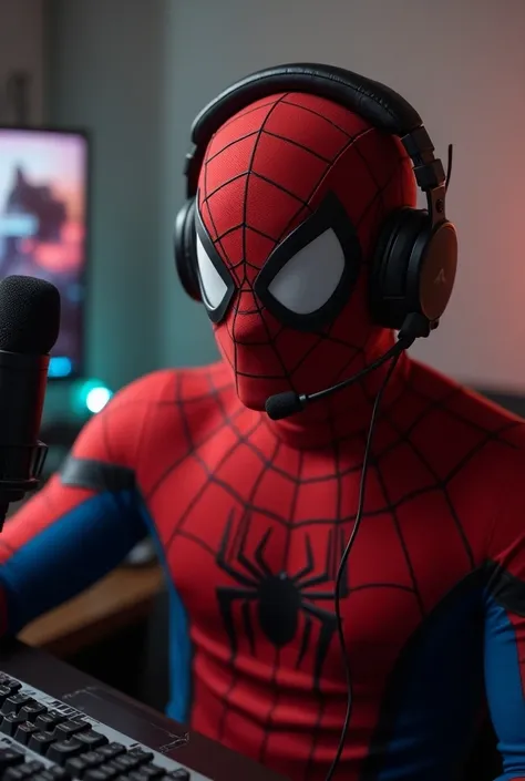 Spider-Man streamer with microphone and headset