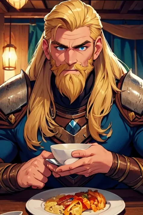 Perfect face. Perfect hands. A muscular blonde haired man with blue eyes with long hair and a dark beard in cool Viking armor is smiling while eating in a tavern
