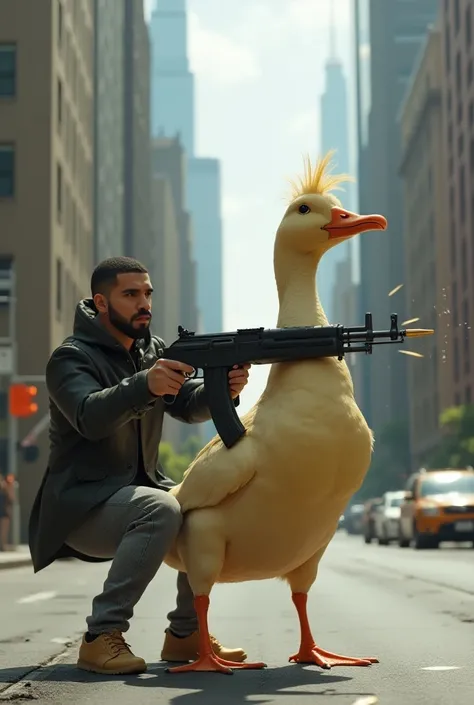 Drake getting shot by a duck with a AK-47 on the street 