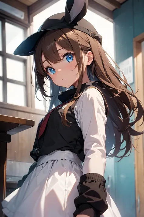  girl,  medium light brown hair  (Almost a blond ), Cyan Eyes,  a face pint , medium brown skin,  hat with black rabbit ears,  scene-style outfit 