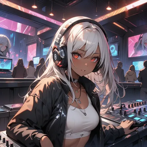 (masterpiece, Best Quality, Best Quality,  beautiful and aesthetic:1.2),( 1 girl), Extremely detailed,Highest detail,cool cyberpunk , open jacket and crop top shirt,DJ headphones, mixing console ,Dark Skin, Silver Hair,Red eyes,Functional,futuristic nightc...