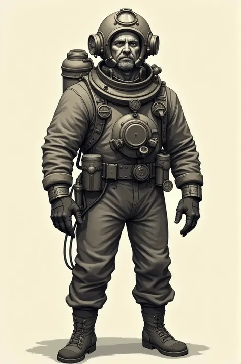 2D drawing of a male diver with old diving suit facing forward