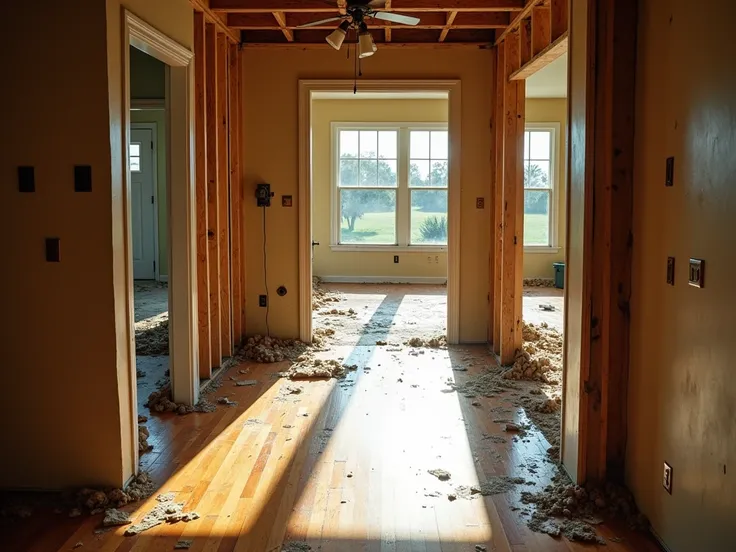 Generate a photorealistic image from the interior perspective of a flood-damaged Florida home, looking in from the front door. The view showcases a partially stripped living room with exposed wooden studs and insulation. The hardwood floors are warped and ...