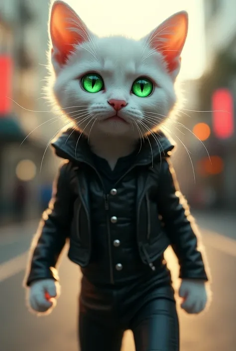 Circle々kitten ,     bright    , Real white cat,   confident green glowing eyes ,   wear a black rider suit costume  ,     have green shining eyes with confidence ,Lets walk the streets of California    
