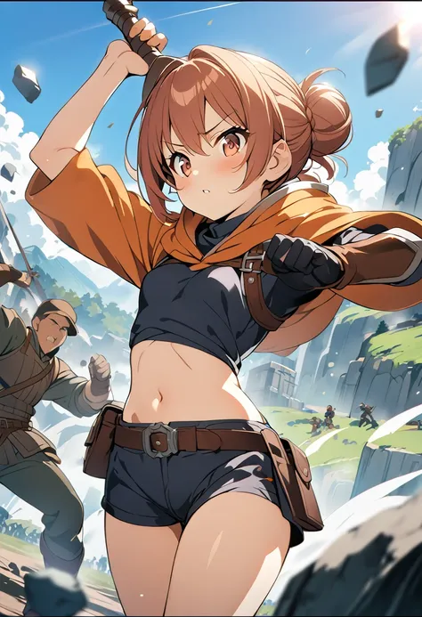 one girl, Halfling treasure hunter adventurer 120cm short pointed ears chestnut hair bun hairstyle, brown eyes, average body type, (((((petite)))))  flat chest, thief outfit, miniskirt, short shorts, pouch on waist, throwing dagger at enemy, in battle, fan...