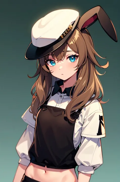  girl,  medium light brown hair  (Almost a blond ), Cyan Eyes,  a face pint , medium brown skin,  hat with black rabbit ears, alternative rock style clothing