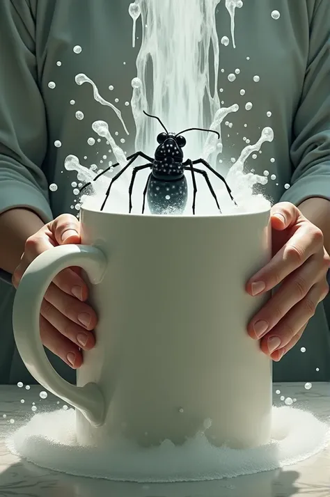 A person washing and brushing a very large mug from which a black mosquito comes out with white freckles on its legs
Also, I want you to see a lot of bubbles coming out of that cup..