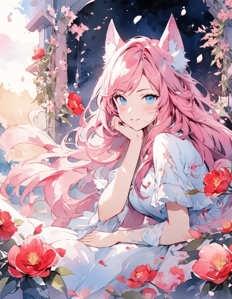 Generate images of Ahri, the League of Legends champion, in her spiritual flourish skin. She must have a delicate pose and hold a camellia close to her face. a slight closeup and a sensual and mysterious smile. there must be cherry blossom petals falling f...